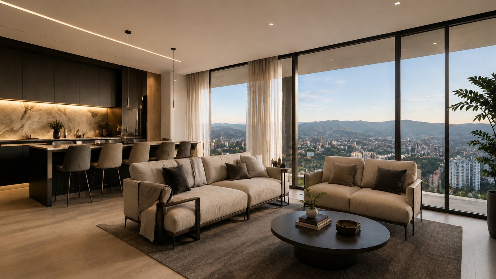 Sala moderna de alto nivel con vista panorámica a la ciudad, propiedad representativa de IJP Inmobiliaria
